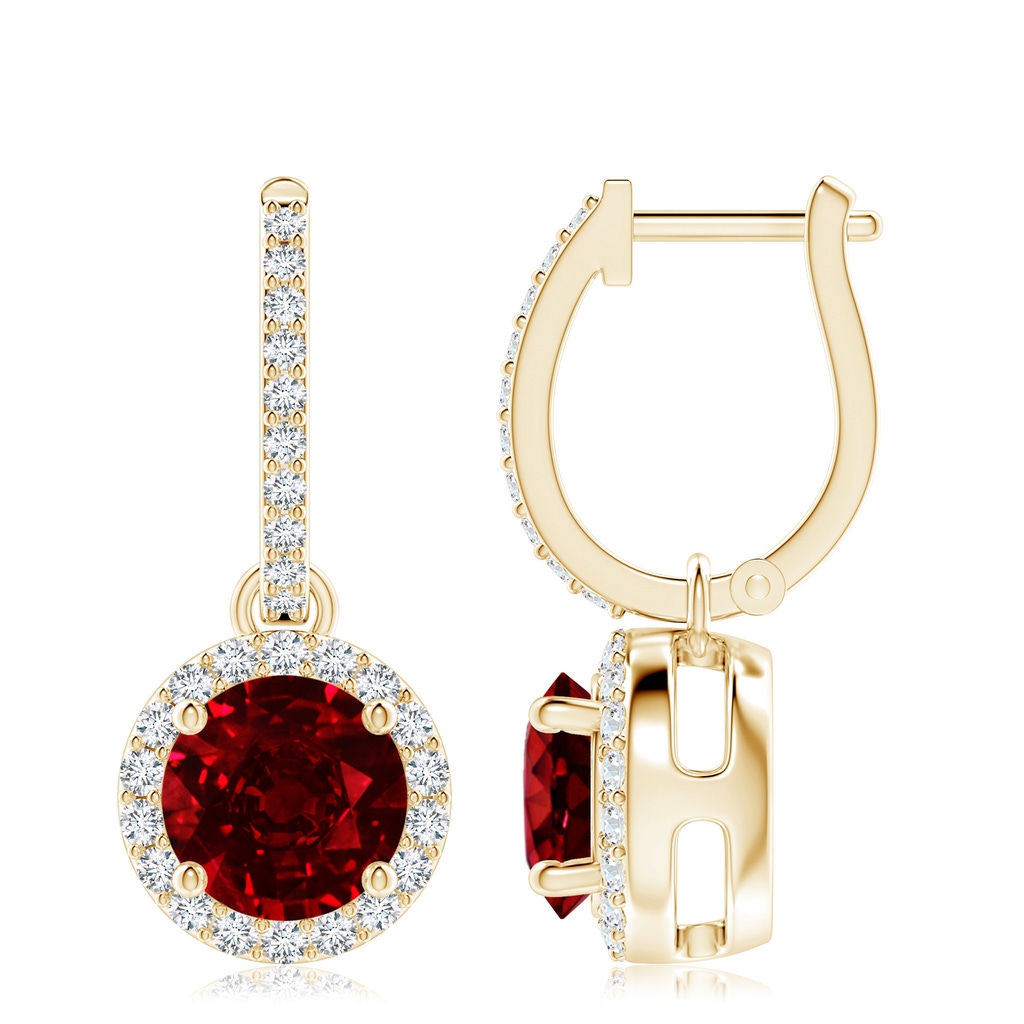 8mm AAAA Round Ruby Dangle Earrings with Diamond Halo in Yellow Gold