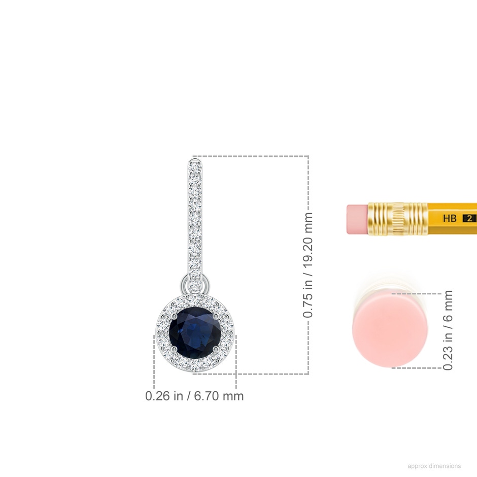 4mm A Round Blue Sapphire Dangle Earrings with Diamond Halo in White Gold ruler