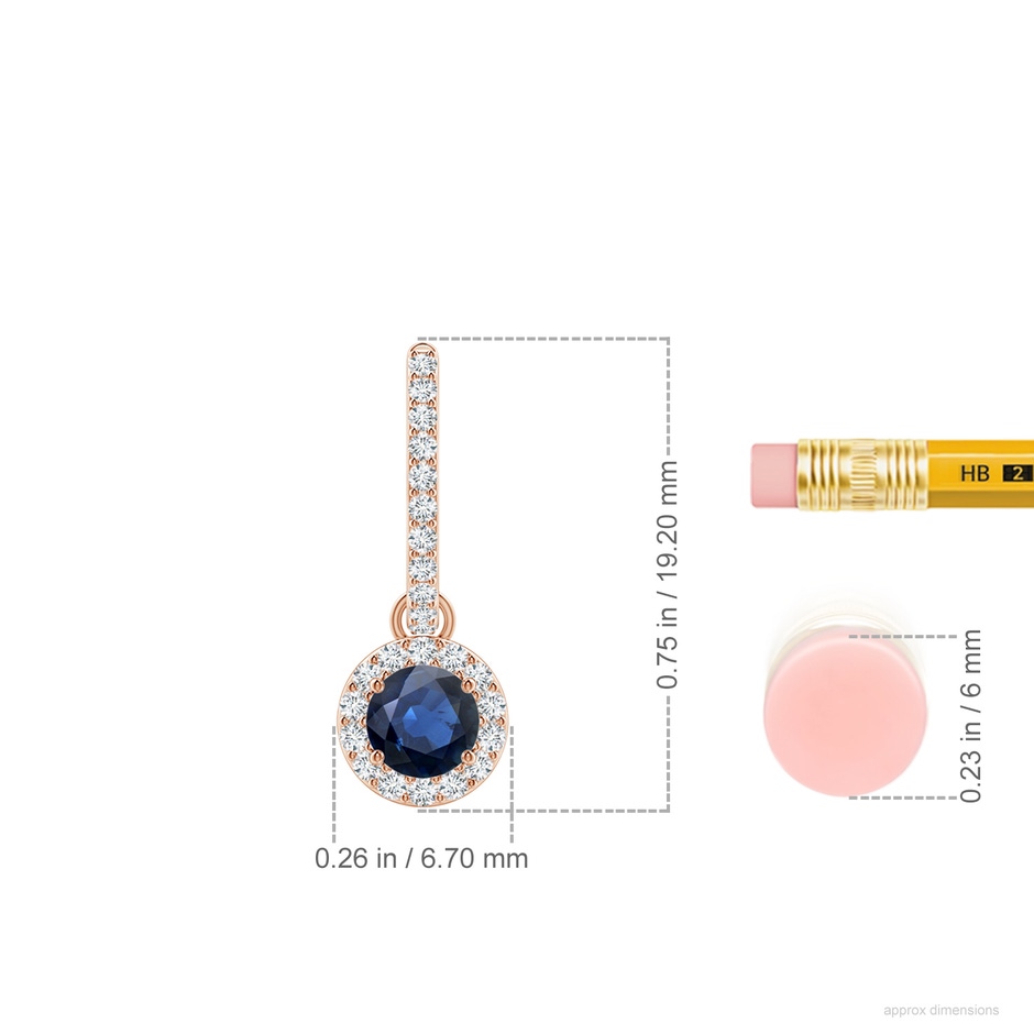 4mm AA Round Blue Sapphire Dangle Earrings with Diamond Halo in Rose Gold ruler