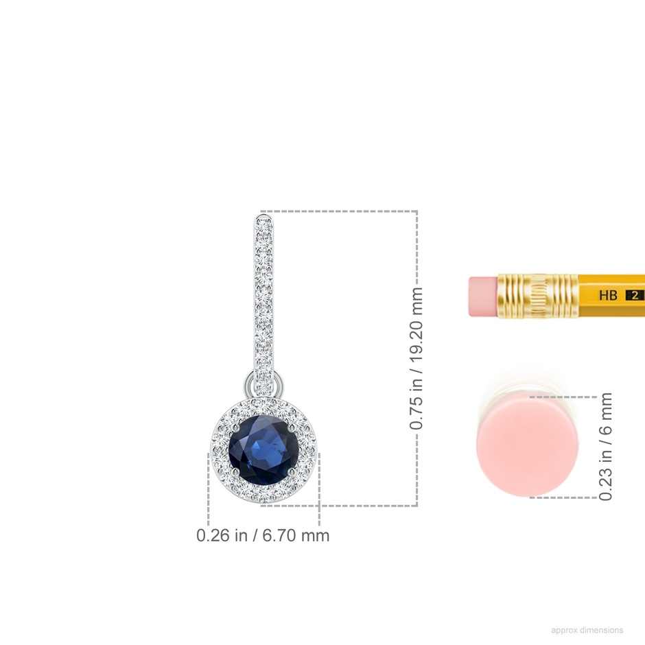 4mm AA Round Blue Sapphire Dangle Earrings with Diamond Halo in White Gold ruler