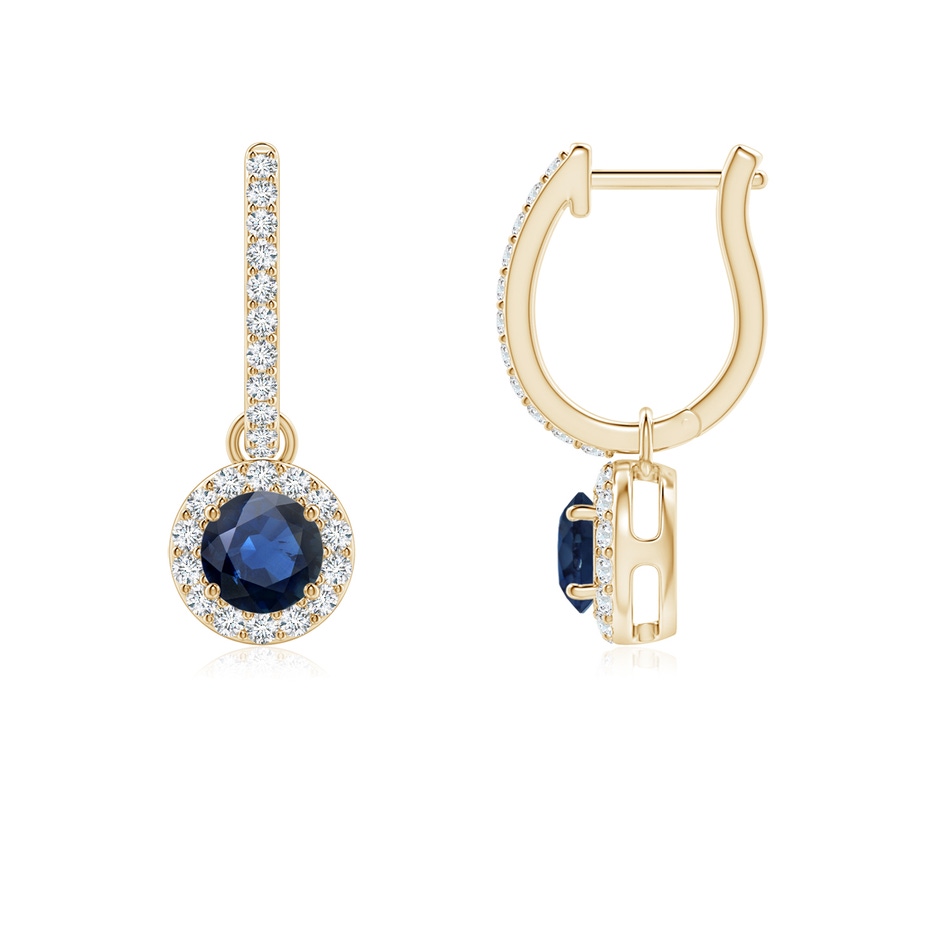 4mm AA Round Blue Sapphire Dangle Earrings with Diamond Halo in Yellow Gold 