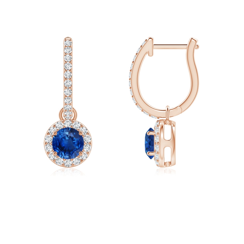 4mm AAA Round Blue Sapphire Dangle Earrings with Diamond Halo in Rose Gold 
