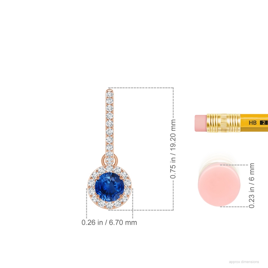 4mm AAA Round Blue Sapphire Dangle Earrings with Diamond Halo in Rose Gold ruler
