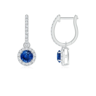 4mm AAA Round Blue Sapphire Dangle Earrings with Diamond Halo in White Gold