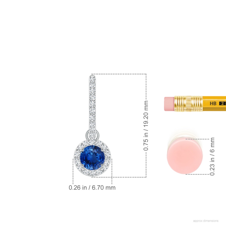4mm AAA Round Blue Sapphire Dangle Earrings with Diamond Halo in White Gold ruler