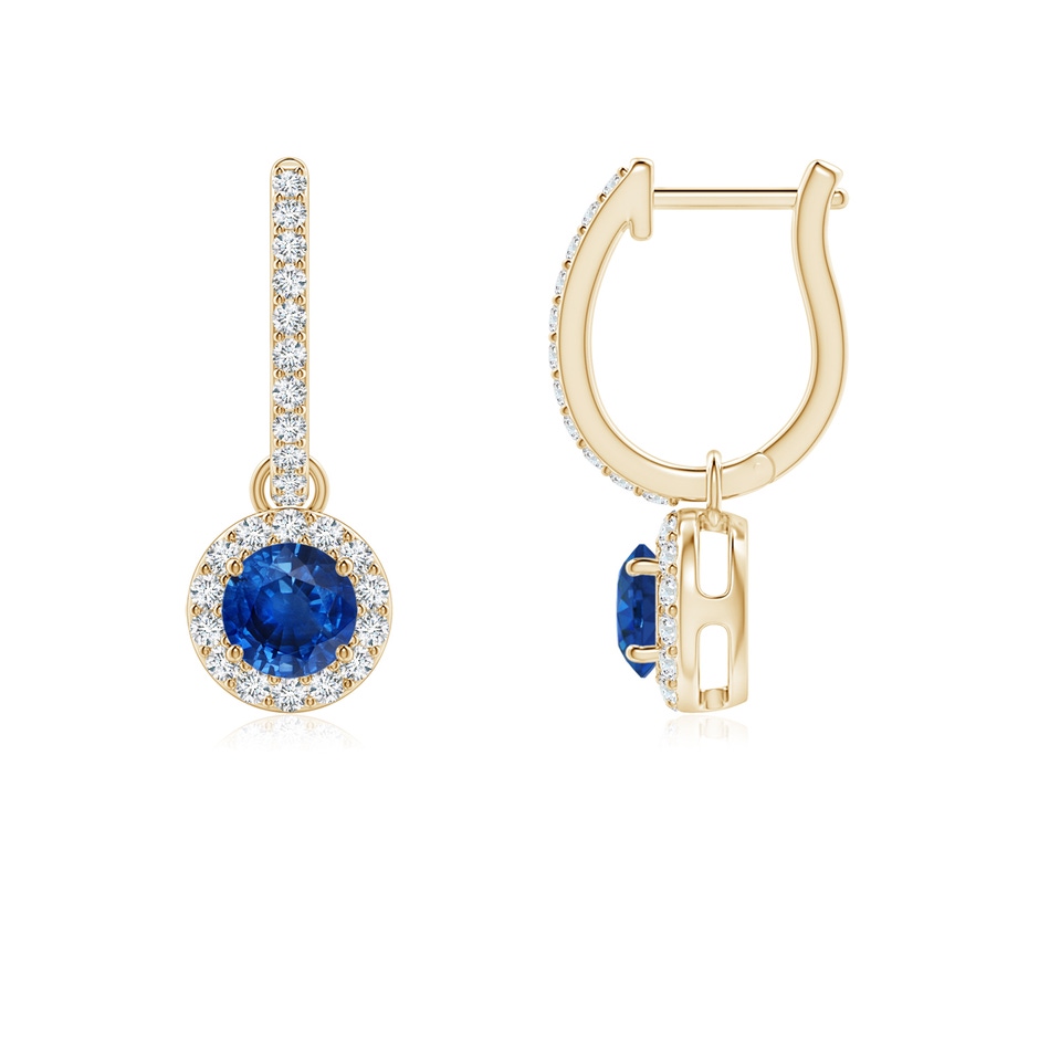4mm AAA Round Blue Sapphire Dangle Earrings with Diamond Halo in Yellow Gold 
