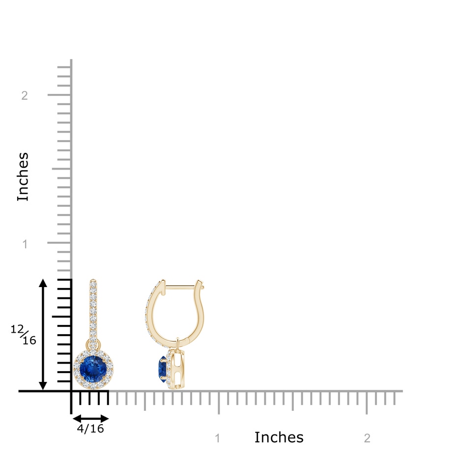 4mm AAA Round Blue Sapphire Dangle Earrings with Diamond Halo in Yellow Gold ruler