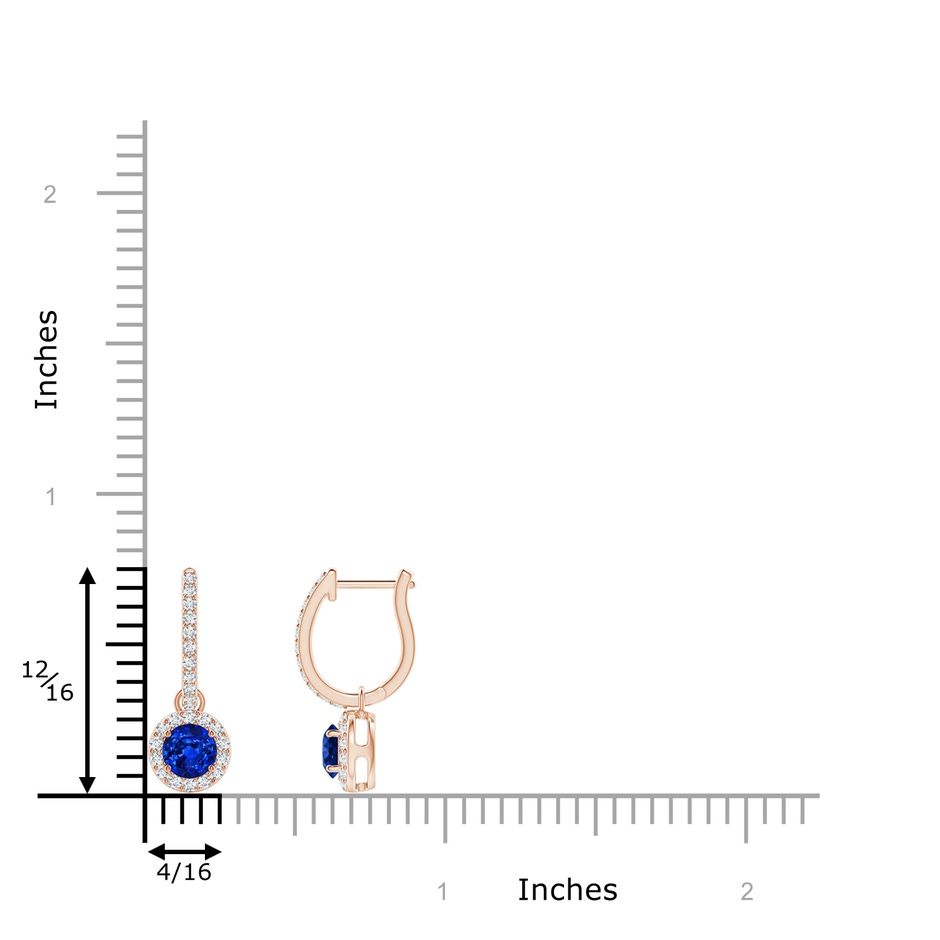 4mm AAAA Round Blue Sapphire Dangle Earrings with Diamond Halo in Rose Gold ruler