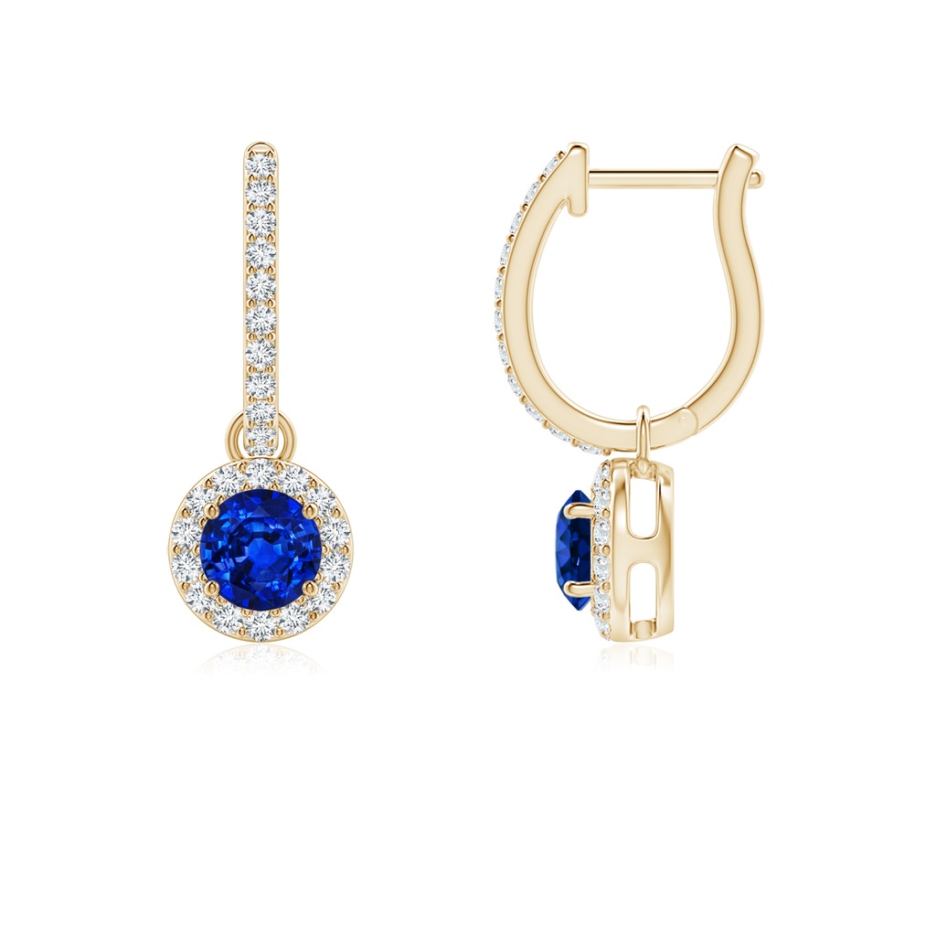 4mm AAAA Round Blue Sapphire Dangle Earrings with Diamond Halo in Yellow Gold