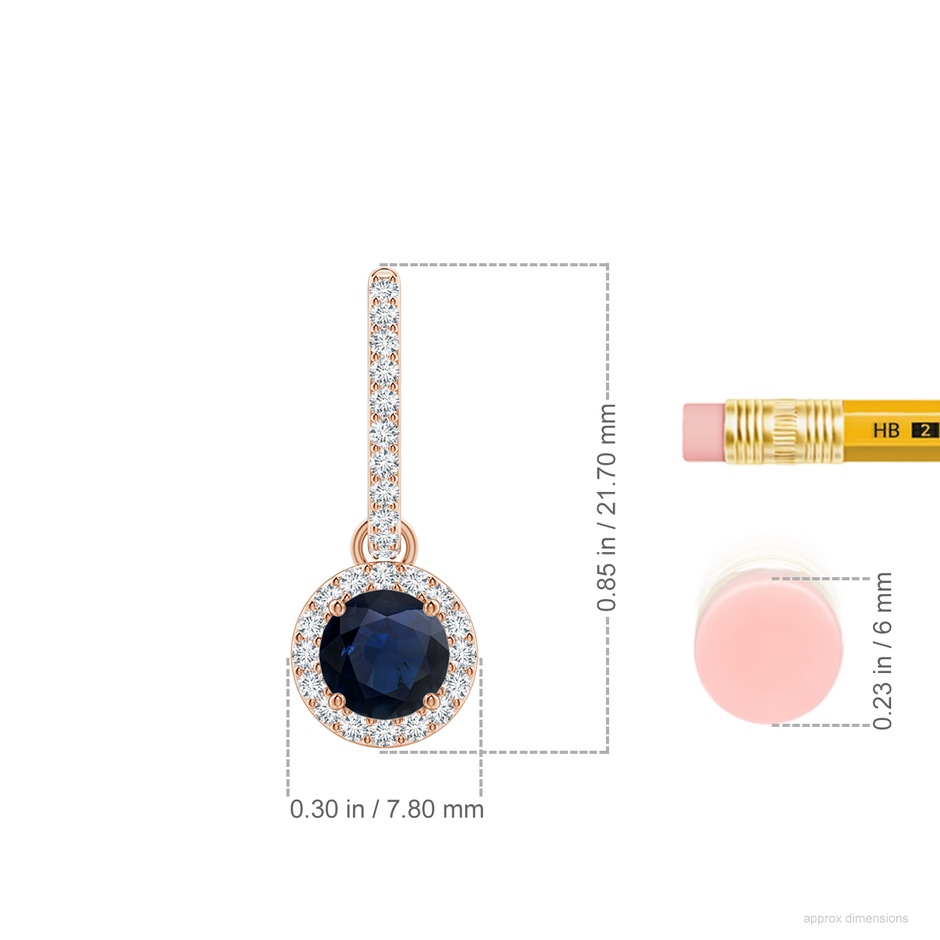 5mm A Round Blue Sapphire Dangle Earrings with Diamond Halo in Rose Gold ruler