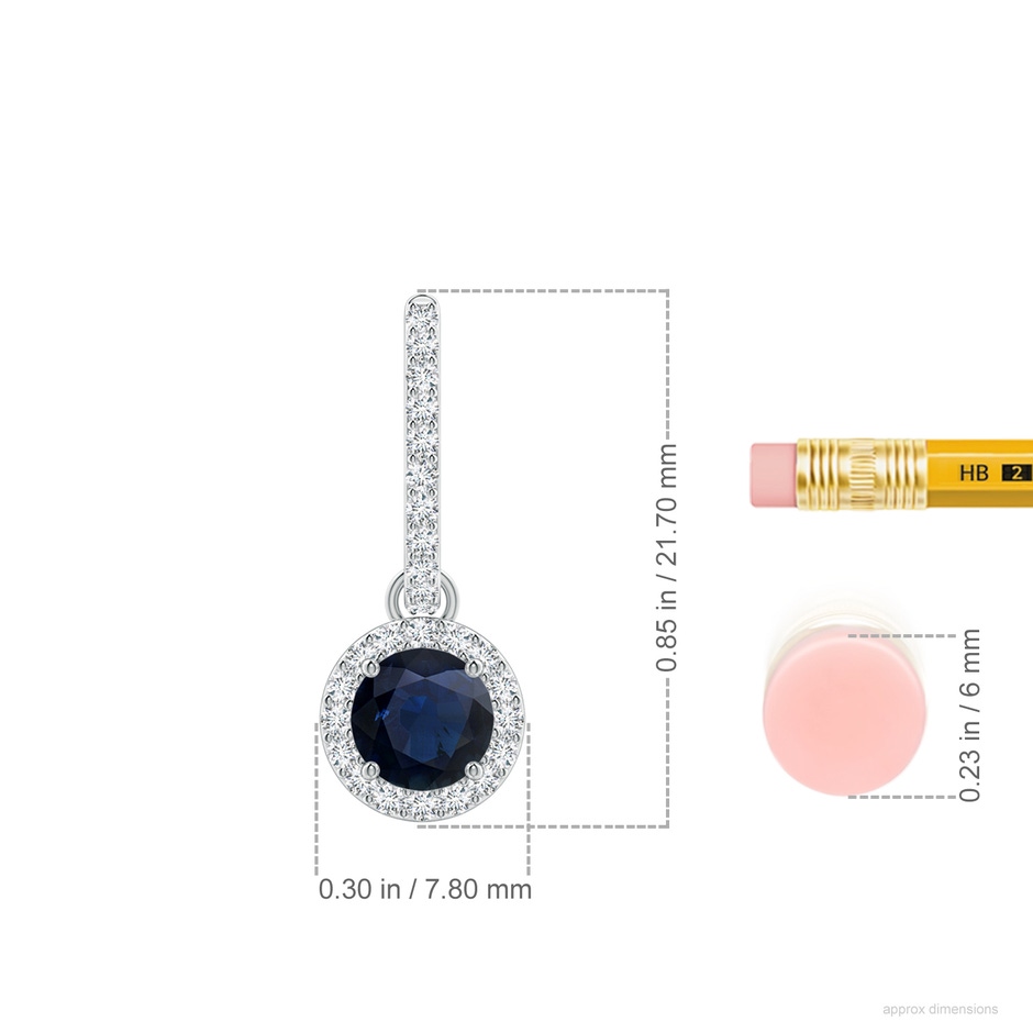 5mm A Round Blue Sapphire Dangle Earrings with Diamond Halo in White Gold ruler