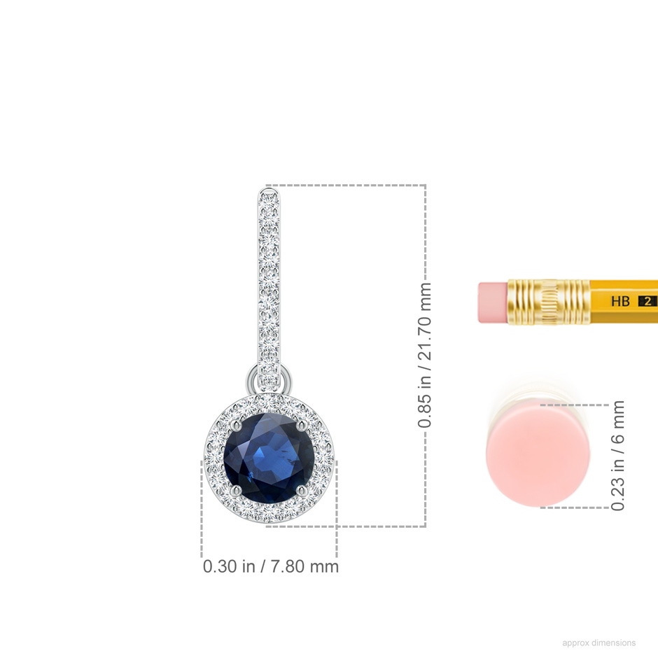 5mm AA Round Blue Sapphire Dangle Earrings with Diamond Halo in White Gold ruler