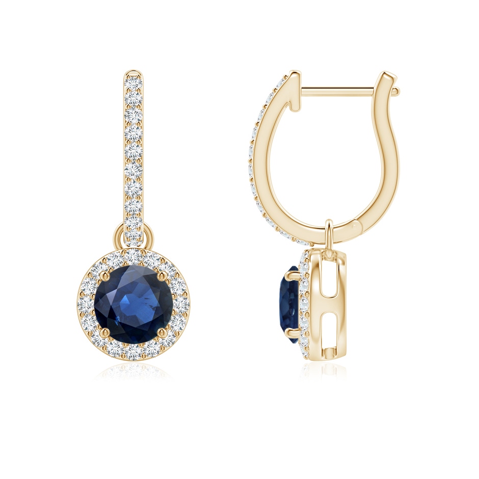 5mm AA Round Blue Sapphire Dangle Earrings with Diamond Halo in Yellow Gold 