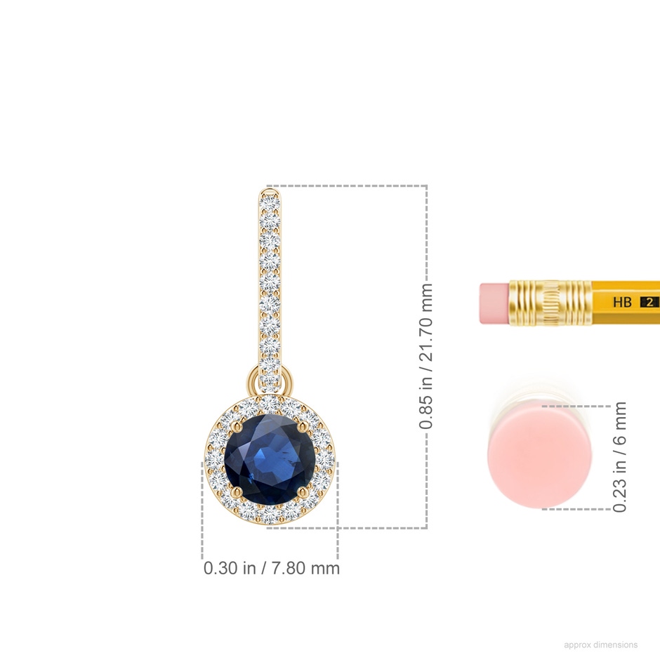 5mm AA Round Blue Sapphire Dangle Earrings with Diamond Halo in Yellow Gold ruler