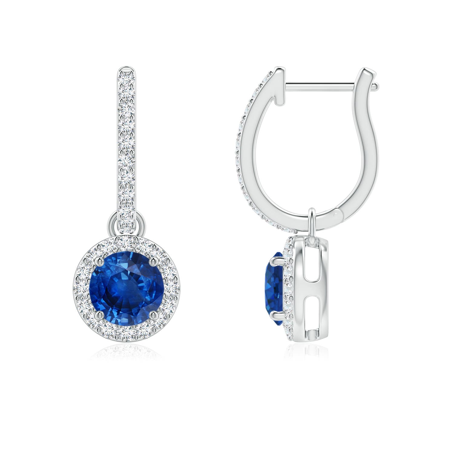 5mm AAA Round Blue Sapphire Dangle Earrings with Diamond Halo in 18K White Gold