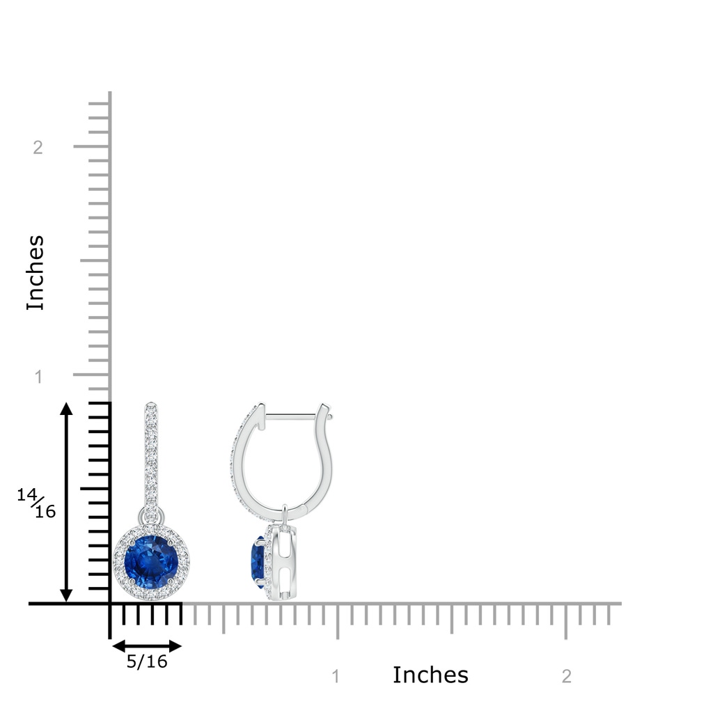 5mm AAA Round Blue Sapphire Dangle Earrings with Diamond Halo in White Gold ruler