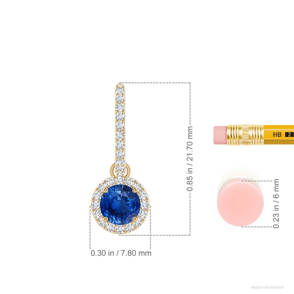 5mm AAA Round Blue Sapphire Dangle Earrings with Diamond Halo in Yellow Gold ruler
