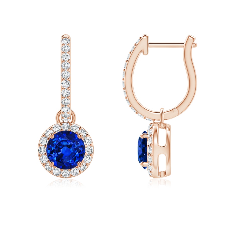 5mm AAAA Round Blue Sapphire Dangle Earrings with Diamond Halo in Rose Gold 