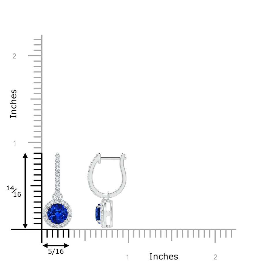 5mm AAAA Round Blue Sapphire Dangle Earrings with Diamond Halo in White Gold ruler