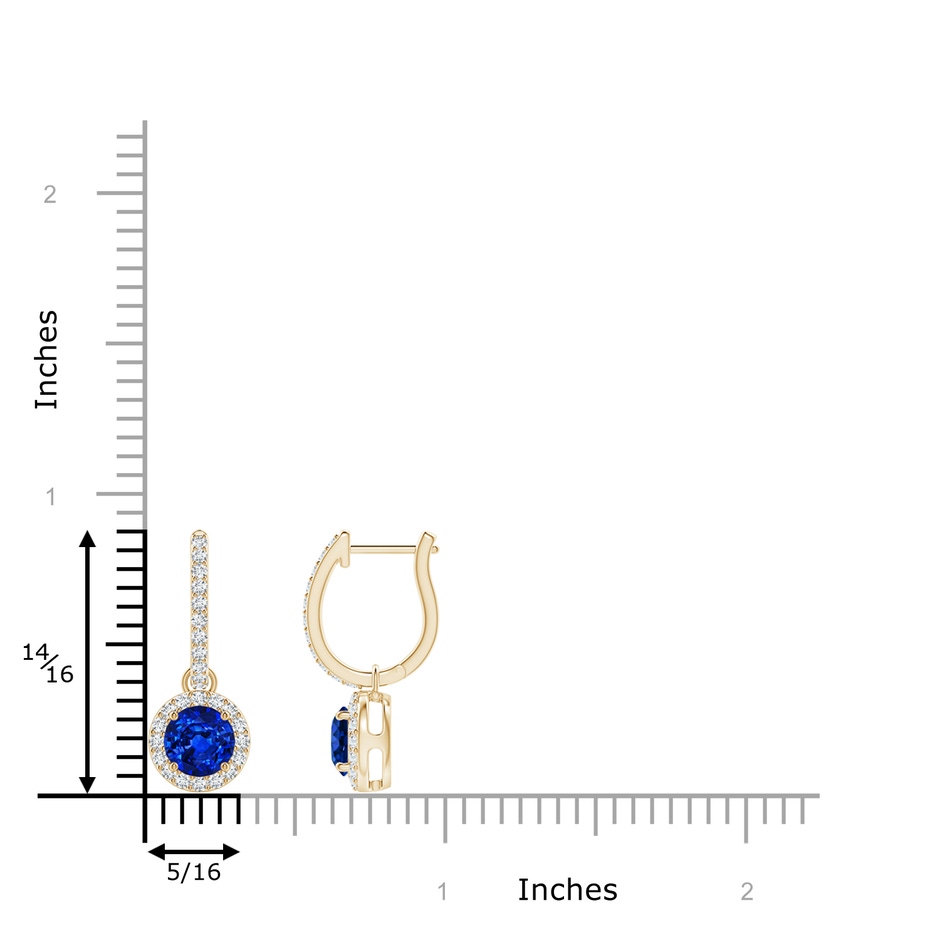 5mm AAAA Round Blue Sapphire Dangle Earrings with Diamond Halo in Yellow Gold ruler
