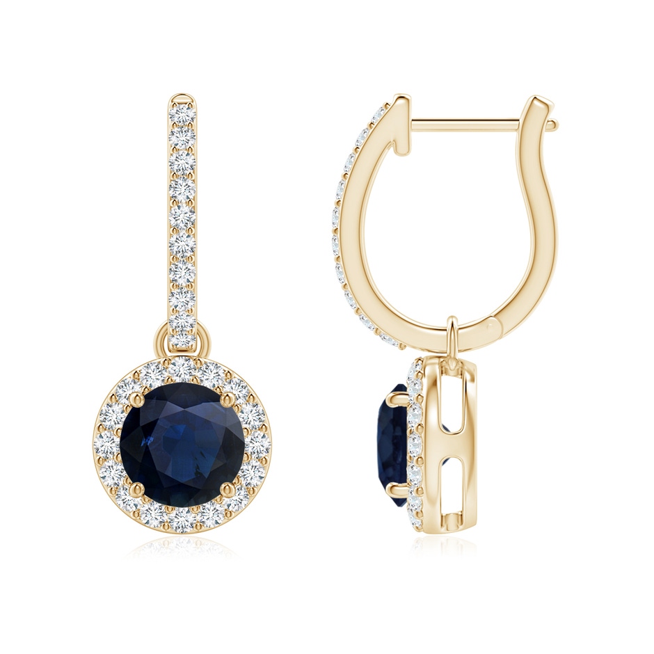 6mm A Round Blue Sapphire Dangle Earrings with Diamond Halo in Yellow Gold 