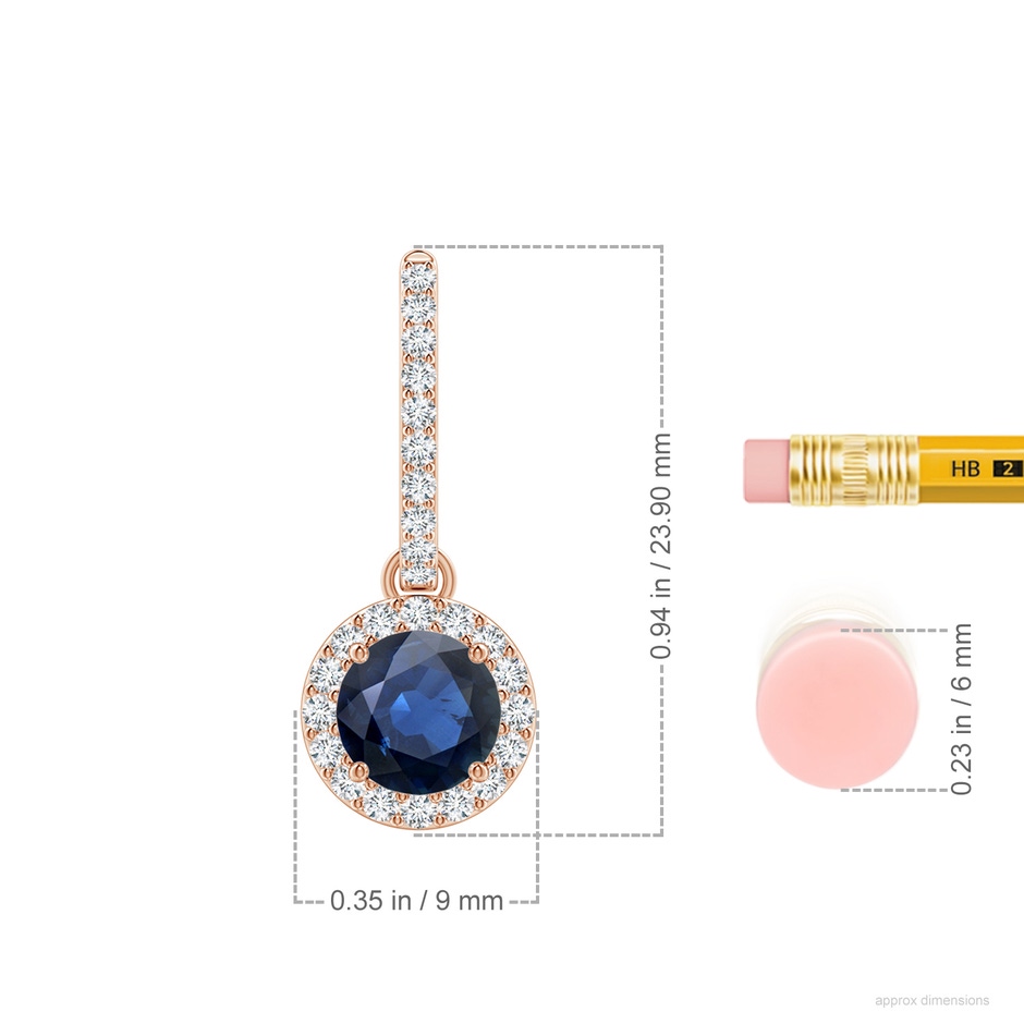6mm AA Round Blue Sapphire Dangle Earrings with Diamond Halo in Rose Gold ruler