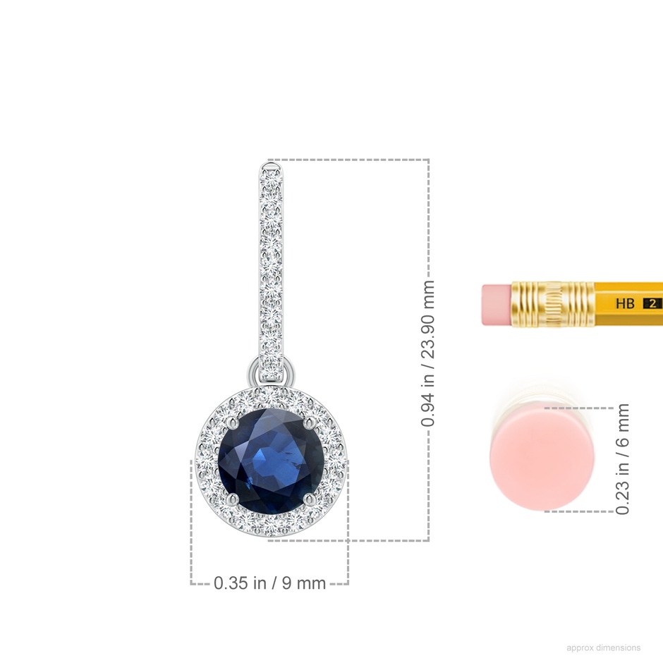 6mm AA Round Blue Sapphire Dangle Earrings with Diamond Halo in White Gold ruler