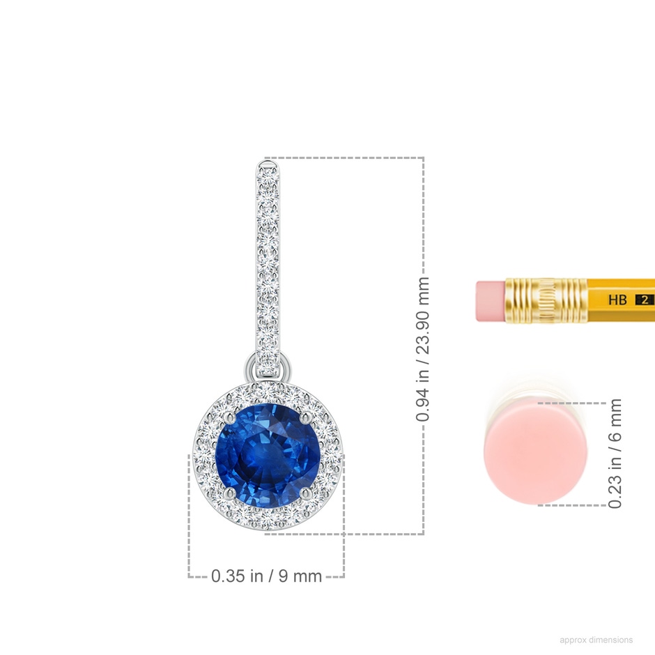 6mm AAA Round Blue Sapphire Dangle Earrings with Diamond Halo in P950 Platinum ruler