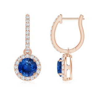 6mm AAA Round Blue Sapphire Dangle Earrings with Diamond Halo in Rose Gold