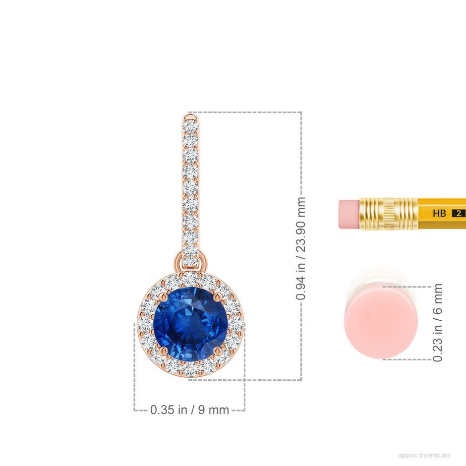 6mm AAA Round Blue Sapphire Dangle Earrings with Diamond Halo in Rose Gold ruler