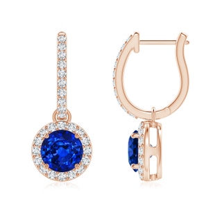 6mm AAAA Round Blue Sapphire Dangle Earrings with Diamond Halo in 9K Rose Gold