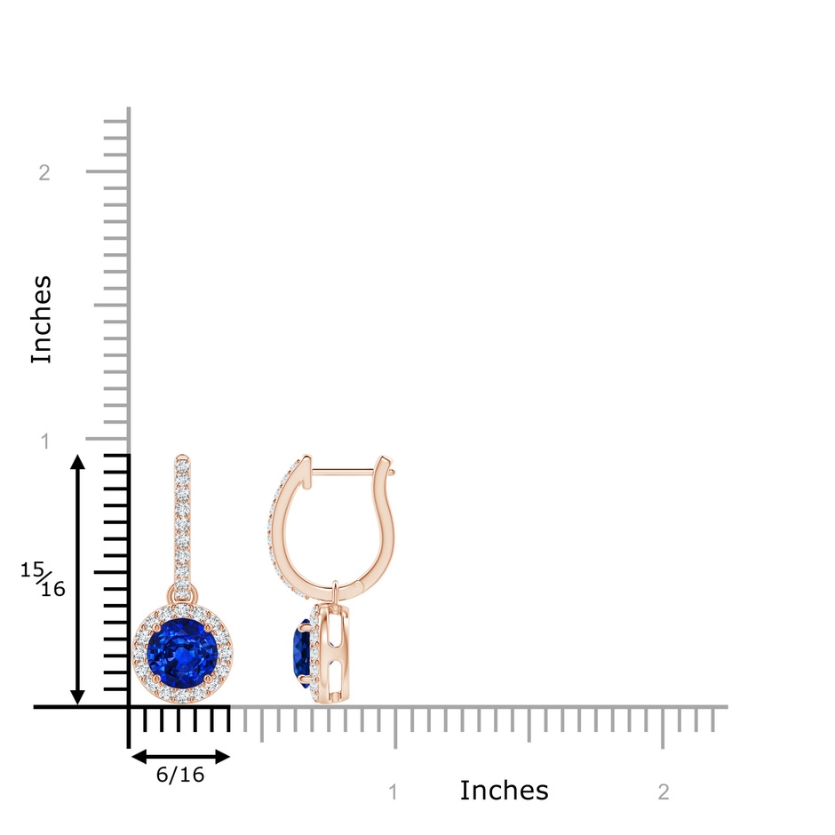 6mm AAAA Round Blue Sapphire Dangle Earrings with Diamond Halo in Rose Gold ruler