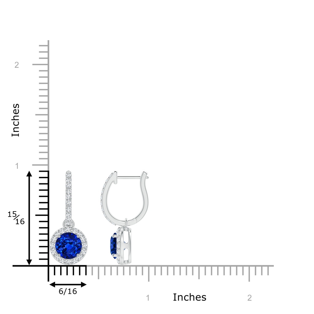 6mm AAAA Round Blue Sapphire Dangle Earrings with Diamond Halo in White Gold ruler