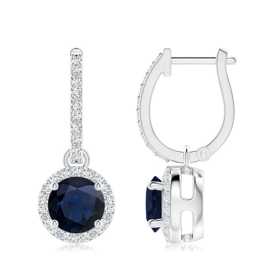 7mm A Round Blue Sapphire Dangle Earrings with Diamond Halo in White Gold 