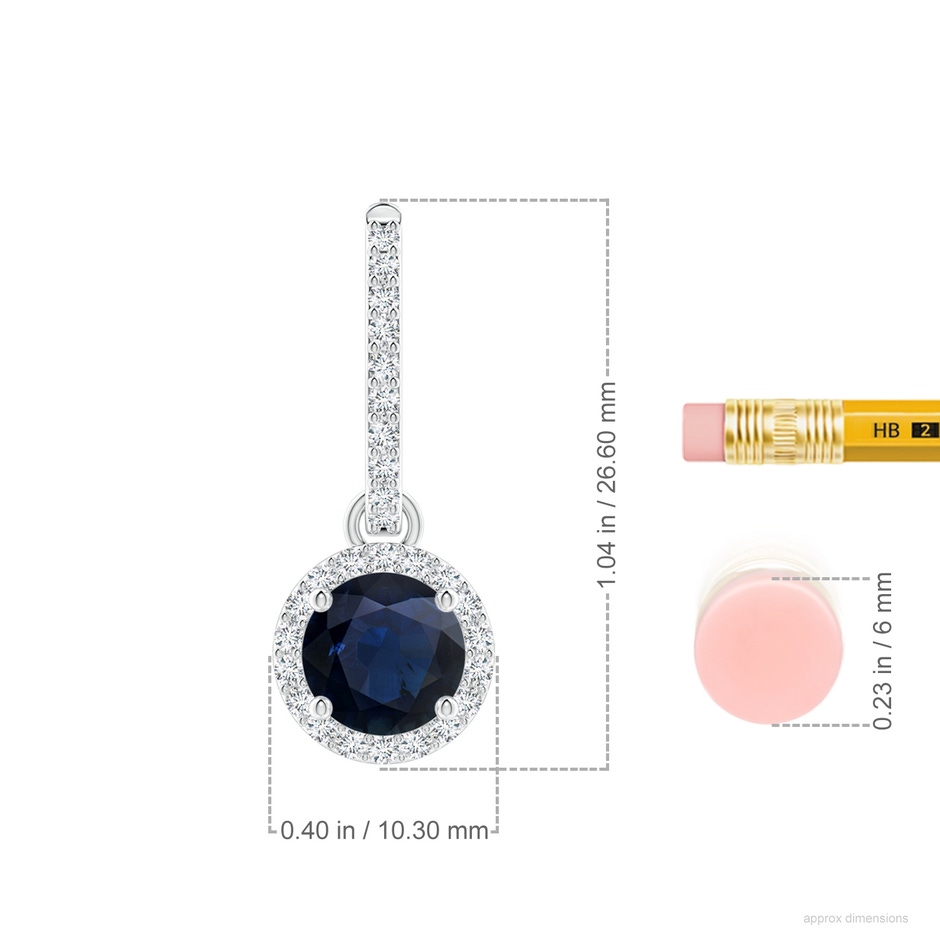 7mm A Round Blue Sapphire Dangle Earrings with Diamond Halo in White Gold ruler