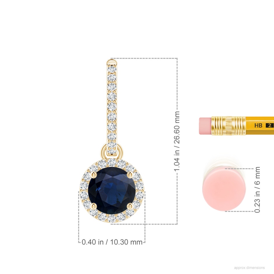 7mm A Round Blue Sapphire Dangle Earrings with Diamond Halo in Yellow Gold ruler
