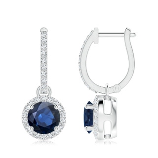 7mm AA Round Blue Sapphire Dangle Earrings with Diamond Halo in P950 Platinum