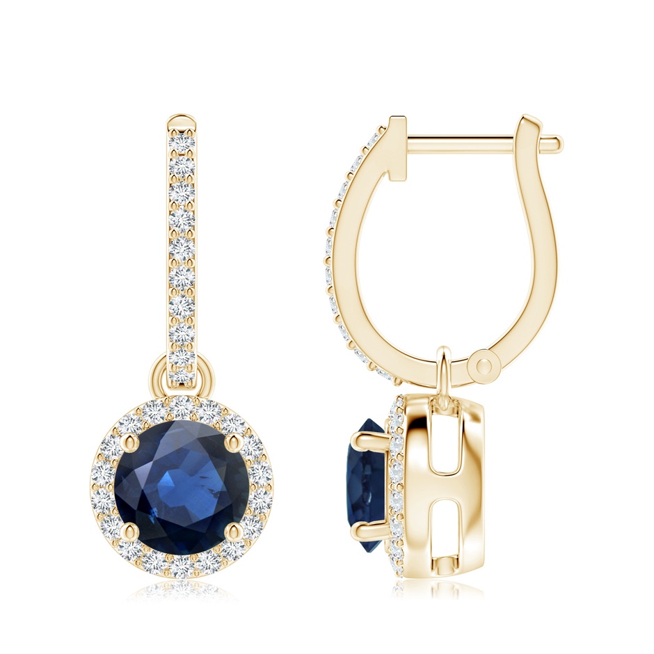 7mm AA Round Blue Sapphire Dangle Earrings with Diamond Halo in Yellow Gold 