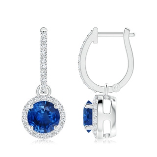 7mm AAA Round Blue Sapphire Dangle Earrings with Diamond Halo in P950 Platinum