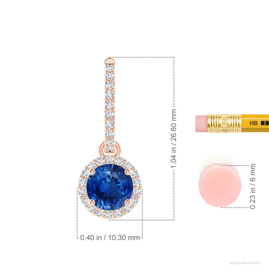 7mm AAA Round Blue Sapphire Dangle Earrings with Diamond Halo in Rose Gold ruler