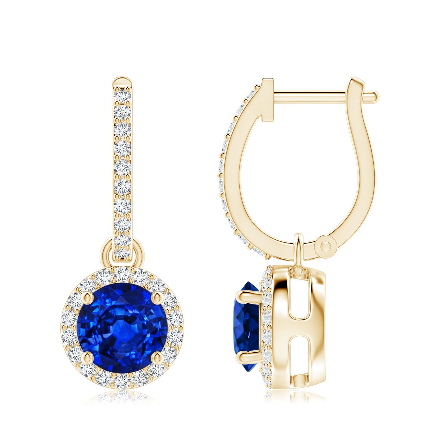 7mm AAAA Round Blue Sapphire Dangle Earrings with Diamond Halo in 18CT Yellow Gold