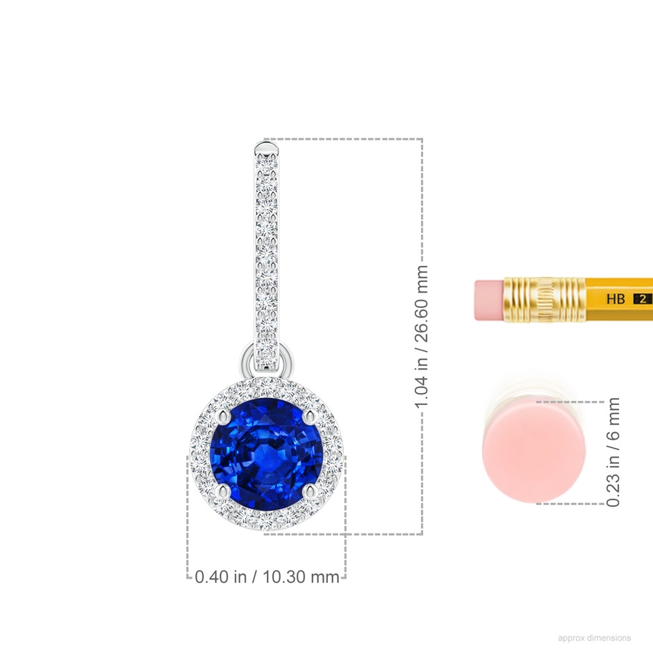 7mm Lab-Grown Round Blue Sapphire Dangle Earrings with Diamond Halo in P950 Platinum ruler