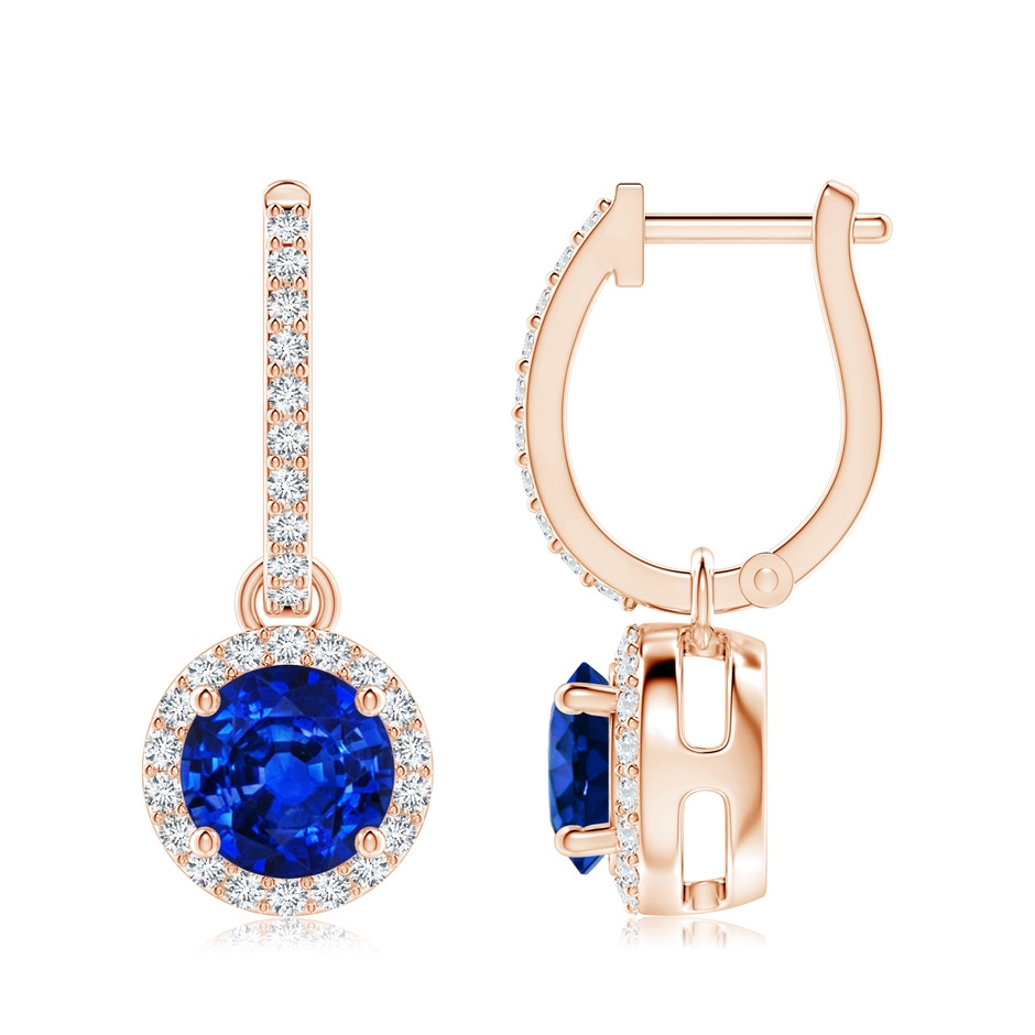 7mm AAAA Round Blue Sapphire Dangle Earrings with Diamond Halo in Rose Gold 