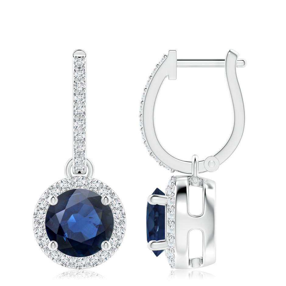 8mm AA Round Blue Sapphire Dangle Earrings with Diamond Halo in P950 Platinum 