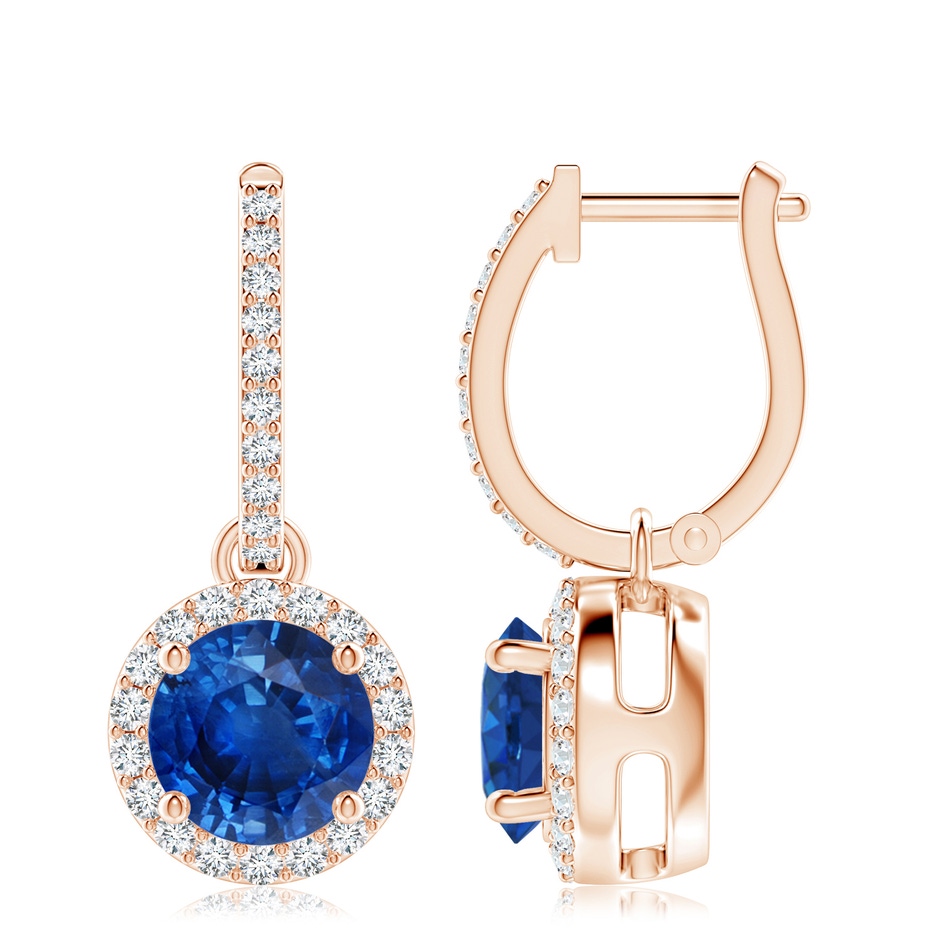 8mm AAA Round Blue Sapphire Dangle Earrings with Diamond Halo in Rose Gold 