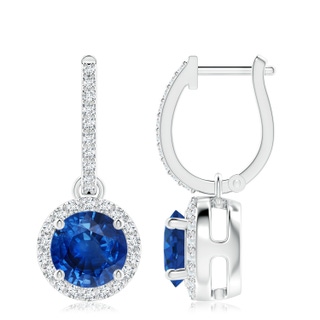 8mm AAA Round Blue Sapphire Dangle Earrings with Diamond Halo in White Gold