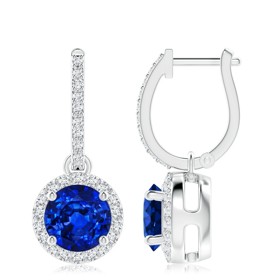 8mm AAAA Round Blue Sapphire Dangle Earrings with Diamond Halo in P950 Platinum 