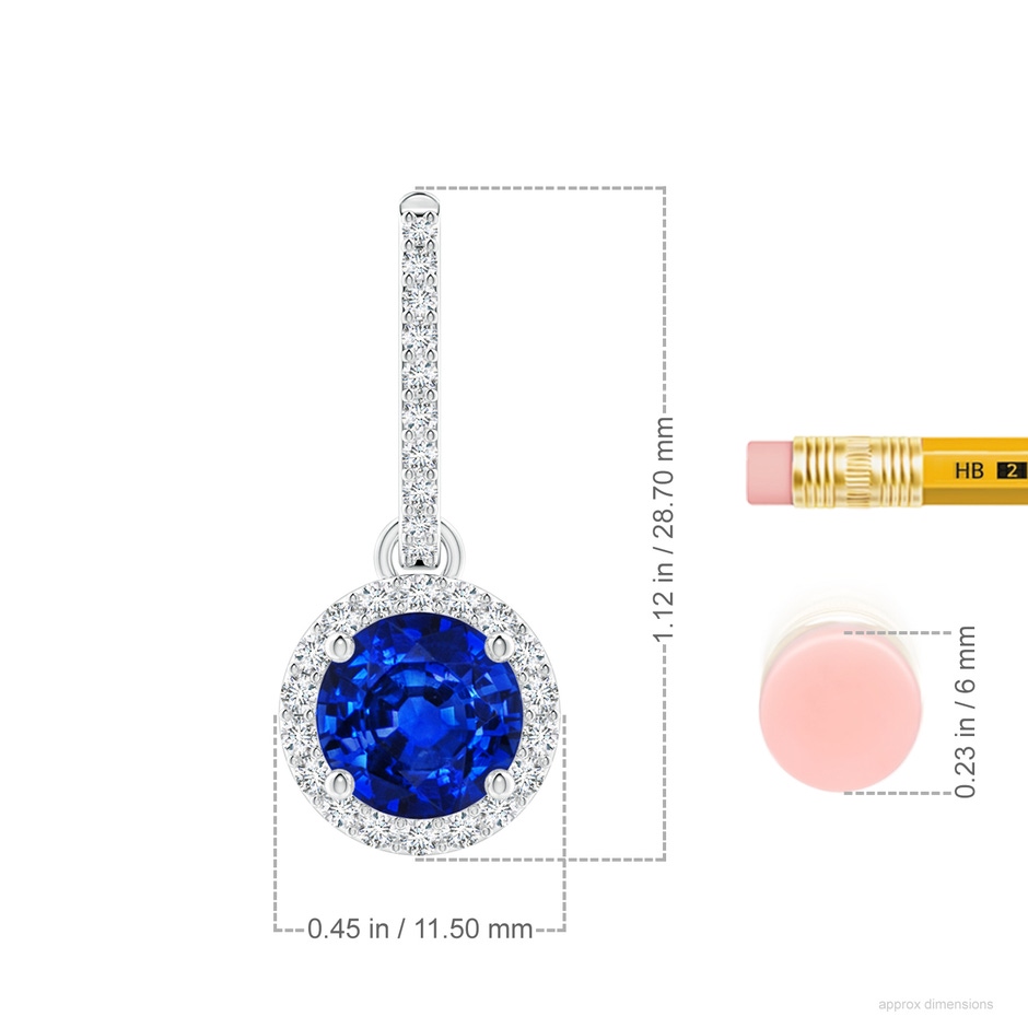 8mm AAAA Round Blue Sapphire Dangle Earrings with Diamond Halo in P950 Platinum ruler