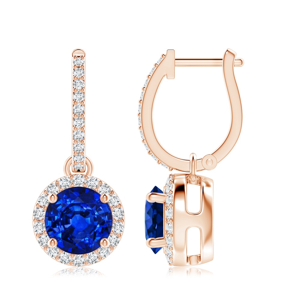 8mm AAAA Round Blue Sapphire Dangle Earrings with Diamond Halo in Rose Gold 