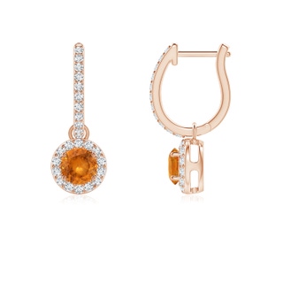 4mm A Round Spessartite Dangle Earrings with Diamond Halo in Rose Gold